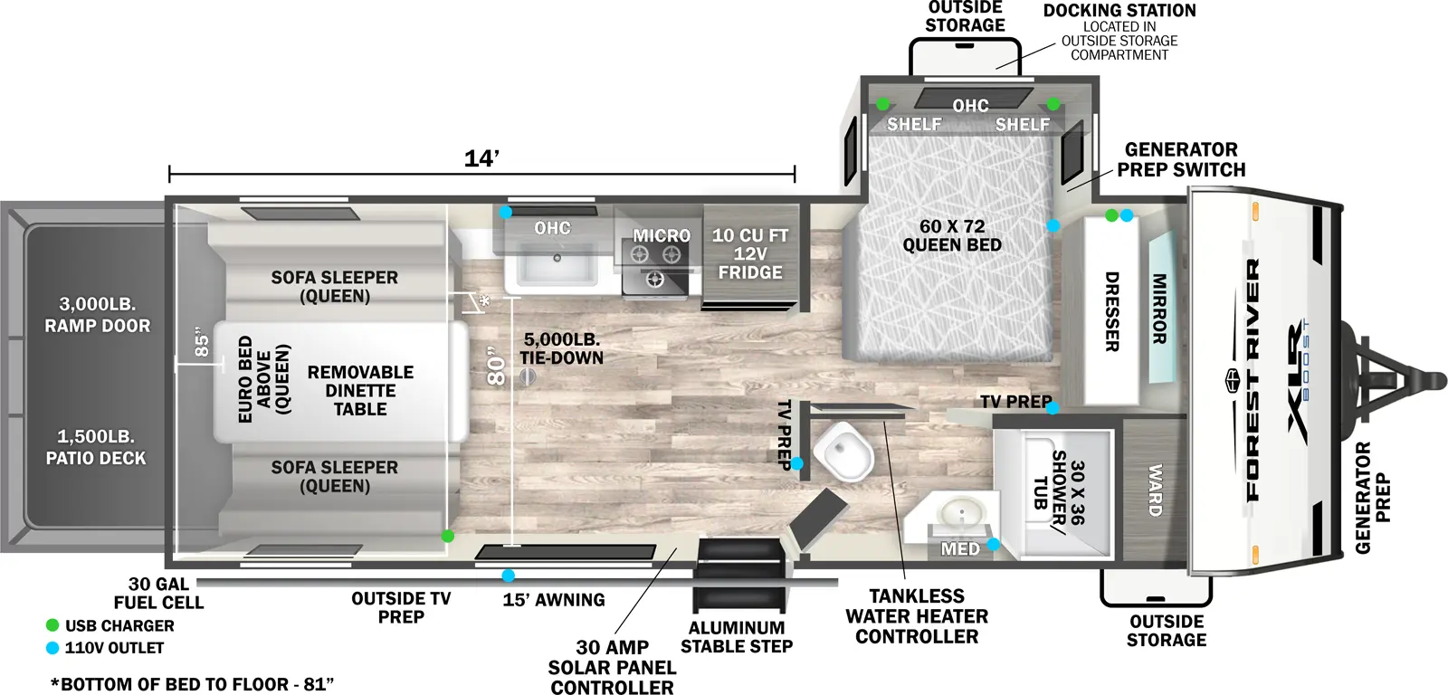 The XLR Boost 2114BX floorplan is a toy hauler that has one entry and one slide out. Exterior features include: fiberglass exterior, 15' awning and  outside entertainment. Interiors features include: front bedroom.